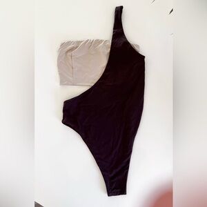 MYRA SWIM One Piece Cutout Chocolate Brown & Beige Ivory Cream Bandeau Small